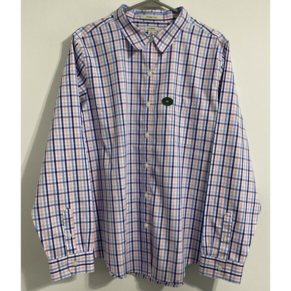 L.L. Bean Dress Shirt Men's XL Blue White Pink Plaid Pinpoint Oxford 100% Cotton - Picture 1 of 12